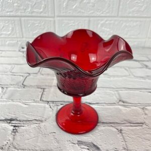 Ruby Red Fluted Art Glass Compote Candy Dish with Strawberry & Currant Design